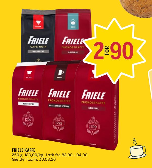 FRIELE KAFFE 250 g. 180,00/kg. 1 stk fra 82,90 - 94,90 Gjelder t.o.m. 30.08.26