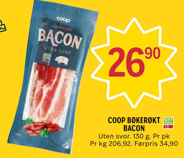 COOP BØKERØKT BACON Uten svor. 130 g. Pr pk Pr kg 206,92. Førpris 34,90