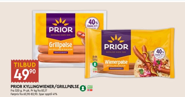 PRIOR KYLLINGWIENER/GRILLPØLSE Fra 520 g. Pr pk. Pr kg fra 83,17 Førpris fra 60,90-83,90. Spar opptil 41%