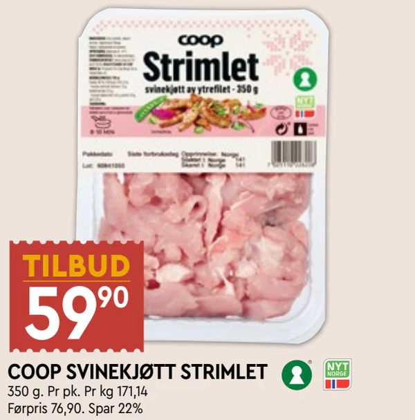 COOP SVINEKJØTT STRIMLET 350 g. Pr pk. Pr kg 171,14 Førpris 76,90. Spar 22%