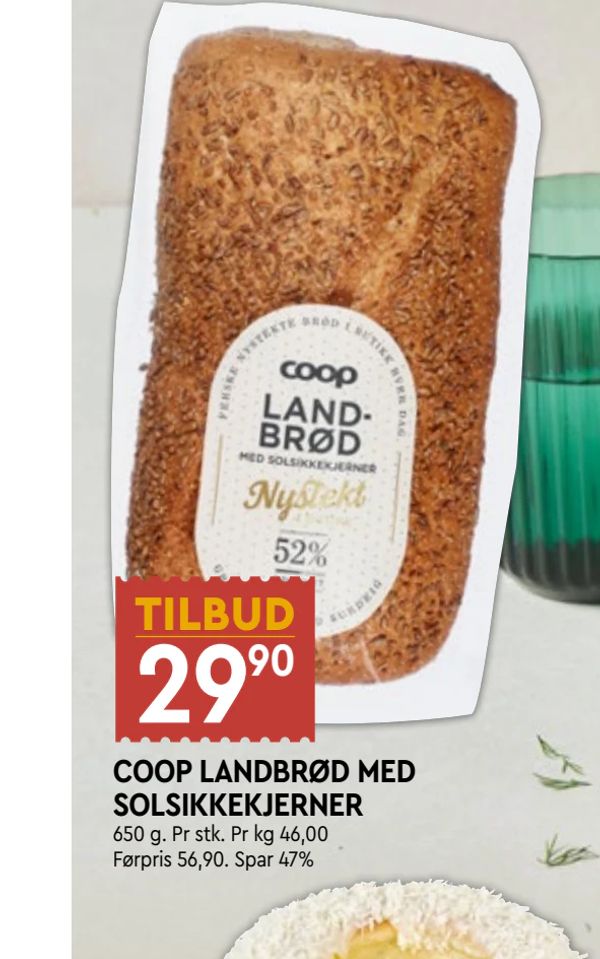 COOP LANDBRØD MED SOLSIKKEKJERNER 650 g. Pr stk. Pr kg 46,00 Førpris 56,90. Spar 47%