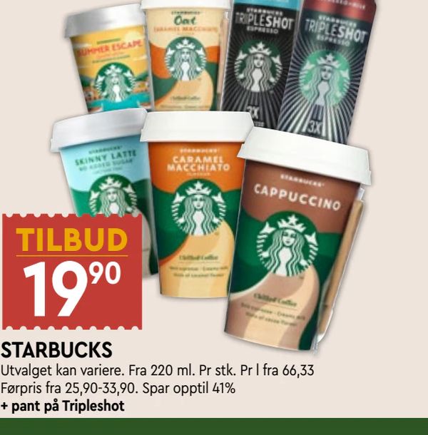 STARBUCKS Utvalget kan variere. Fra 220 ml. Pr stk. Pr l fra 66,33 Førpris fra 25,90-33,90. Spar opptil 41% + pant på Tripleshot