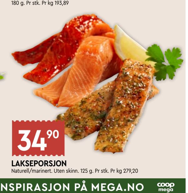 LAKSEPORSJON 34,90 Naturell/marinert. Uten skinn. 125 g. Pr stk. Pr kg 279,20
