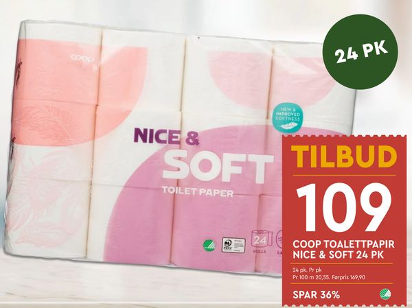 COOP TOALETTPAPIR NICE & SOFT 24 PK TILBUD 109 24 pk. Pr pk Pr 100 m 20,55. Førpris 169,90 SPAR 36% 24 PK
