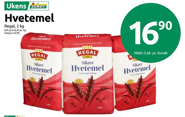 Hvetemel Regal, 2 kg
Enh.pris 8,45 pr. kg
Førpris 35,90
Maks 5 pk. pr. kunde