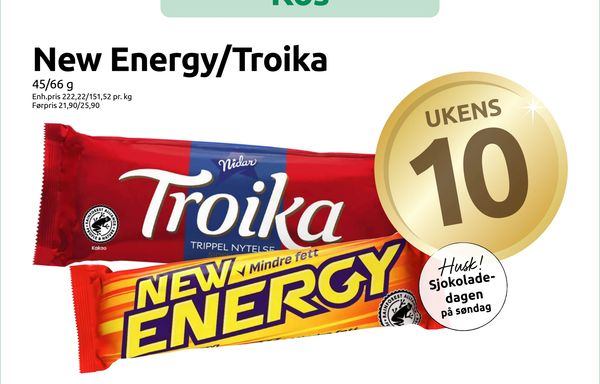 New Energy/Troika 45/66 g
Enh.pris 222,22/151,52 pr. kg
Førpris 21,90/25,90
Husk! Sjokoladedagen på søndag
