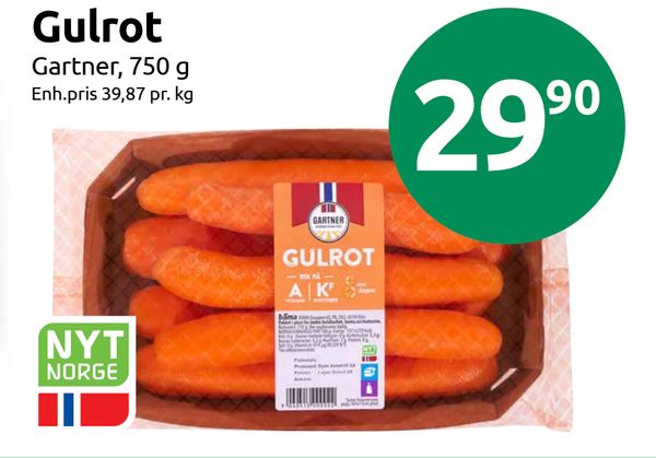 Gulrot Gartner, 750 g
Enh.pris 39,87 pr. kg