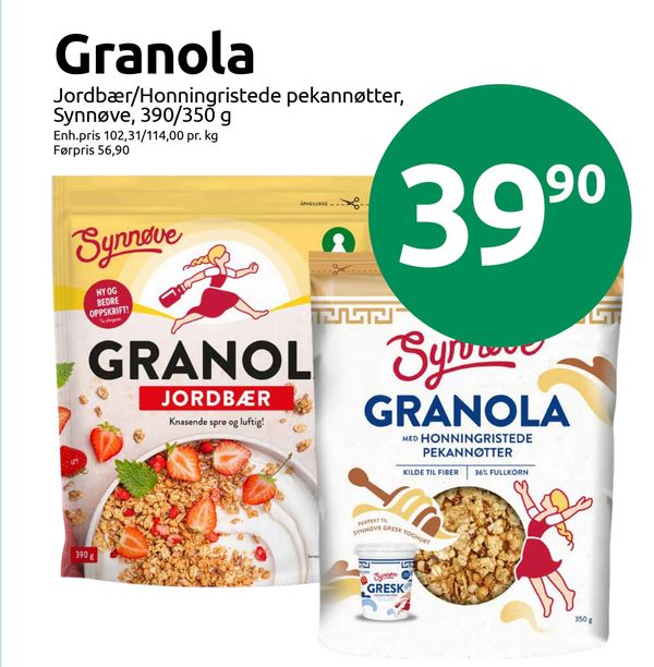 Granola Jordbær/Honningristede pekannøtter, Synnøve, 390/350 g Enh.pris 102,31/114,00 pr. kg Førpris 56,90