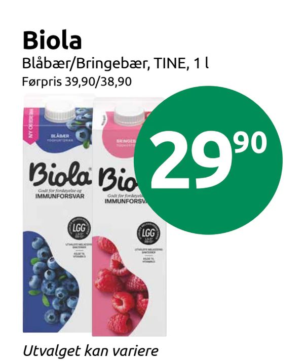 Biola Blåbær/Bringebær, TINE, 1 l Førpris 39,90/38,90 Utvalget kan variere