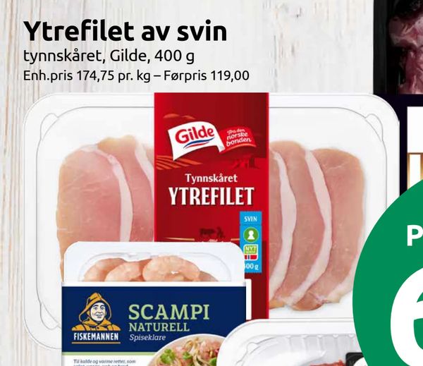 Ytrefilet av svin tynnskåret, Gilde, 400 g
Enh.pris 174,75 pr. kg – Førpris 119,00