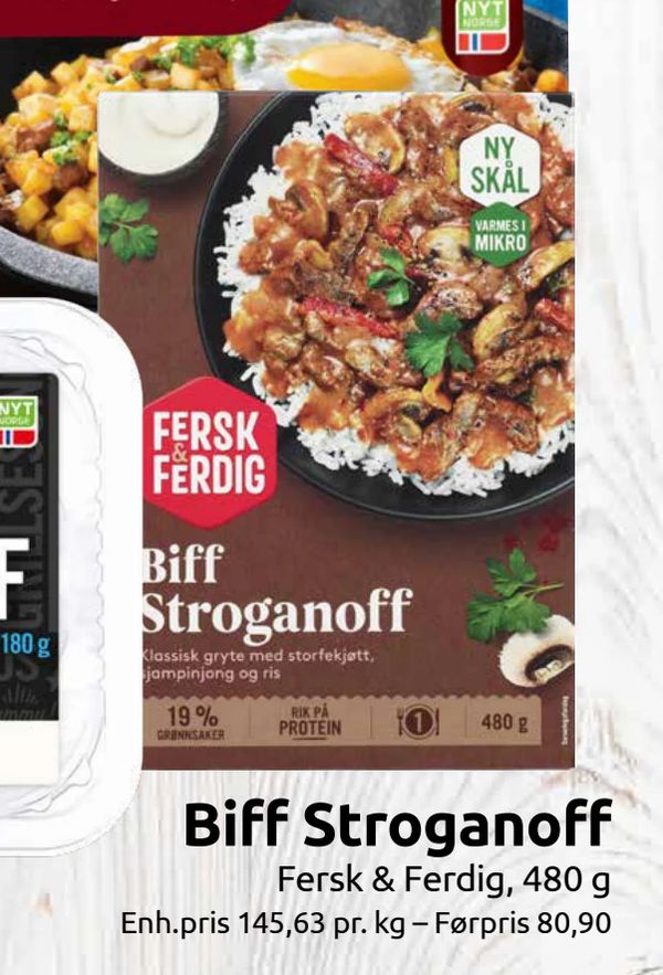 Biff Stroganoff Fersk & Ferdig, 480 g
Enh.pris 145,63 pr. kg – Førpris 80,90