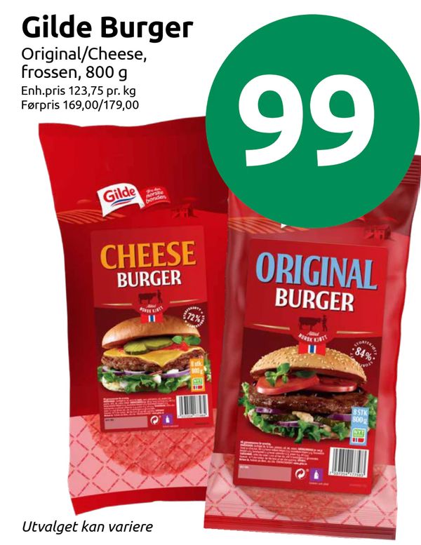 Gilde Burger Original/Cheese, frossen, 800 g
Enh.pris 123,75 pr. kg
Førpris 169,00/179,00
Utvalget kan variere