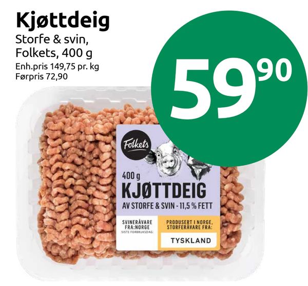 Kjøttdeig Storfe & svin, Folkets, 400 g
Enh.pris 149,75 pr. kg
Førpris 72,90