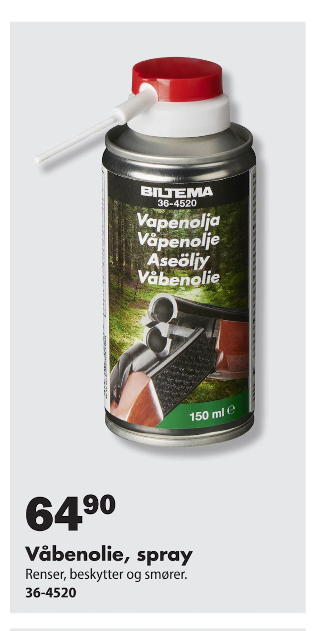 Tilbud på Våbenolie, spray fra Biltema til 64,90 kr.