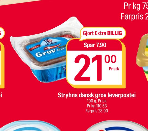 Stryhns dansk grov leverpostei 190 g. Pr pk Pr kg 110,53 Førpris 28,90