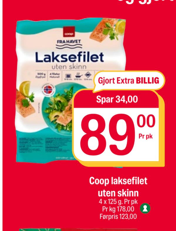 Coop laksefilet uten skinn Gjort Extra BILLIG Spar 34,00 4 x 125 g. Pr pk Pr kg 178,00 Førpris 123,00