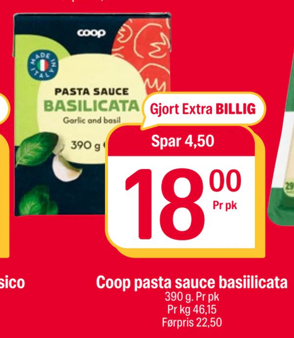 Coop pasta sauce basiilicata Gjort Extra BILLIG Spar 4,50 390 g. Pr pk Pr kg 46,15 Førpris 22,50