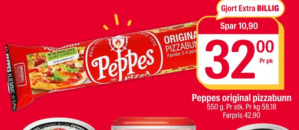 Peppes original pizzabunn Gjort Extra BILLIG Spar 10,90 32,00 Pr pk 550 g. Pr stk. Pr kg 58,18 Førpris 42,90