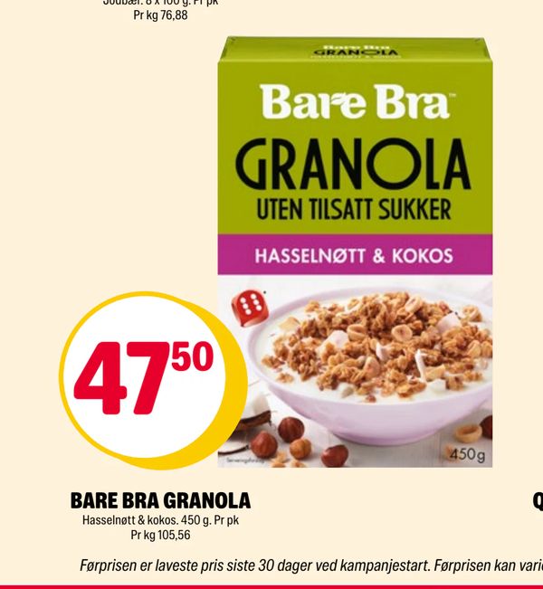 BARE BRA GRANOLA Hasselnøtt & kokos. 450 g. Pr pk Pr kg 105,56