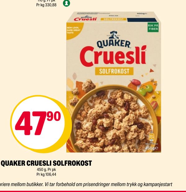 QUAKER CRUESLI SOLFROKOST 450 g. Pr pk Pr kg 106,44