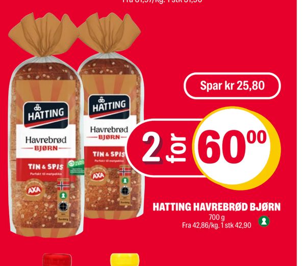 HATTING HAVREBRØD BJØRN 700 g Fra 42,86/kg. 1 stk 42,90 Spar kr 25,80 2 for 60,00