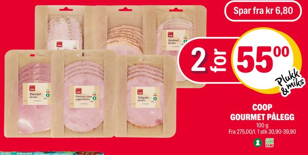 COOP GOURMET PÅLEGG Spar fra kr 6,80
2 for 55,00
Plukk & miks
100 g
Fra 275,00/kg. 1 stk 30,90-39,90