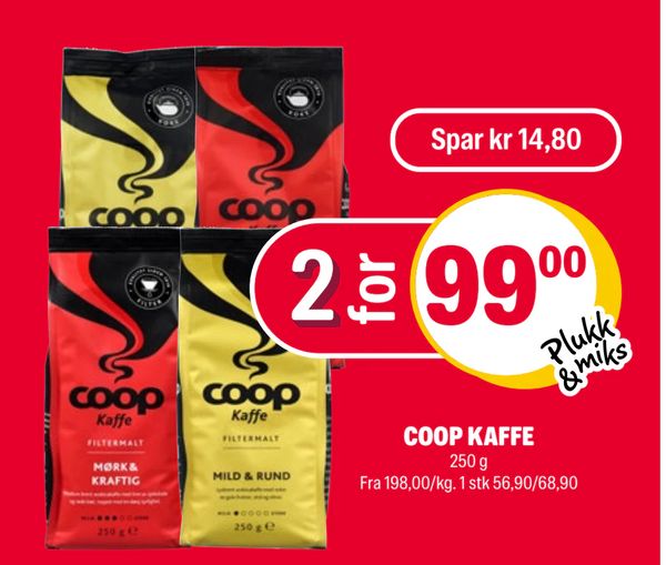 COOP KAFFE Spar kr 14,80
2 for 99,00
Plukk & miks
250 g
Fra 198,00/kg. 1 stk 56,90/68,90