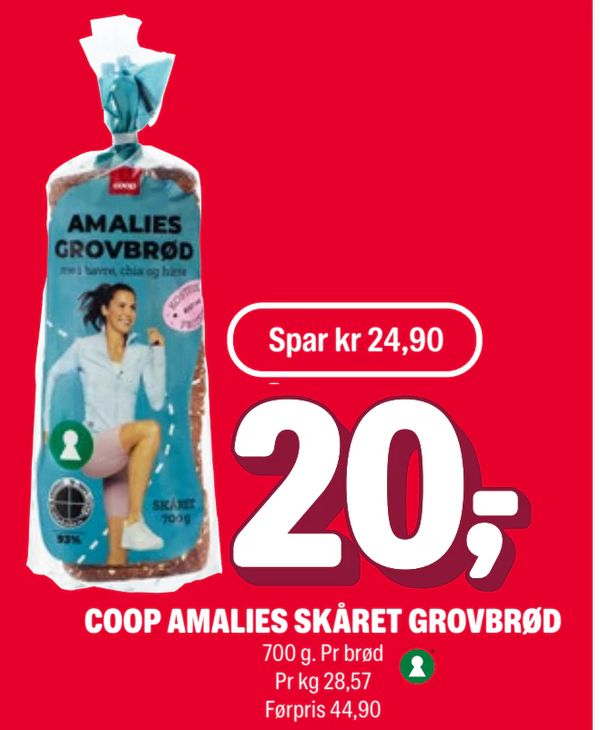 COOP AMALIES SKÅRET GROVBRØD Spar kr 24,90 700 g. Pr brød Pr kg 28,57 Førpris 44,90