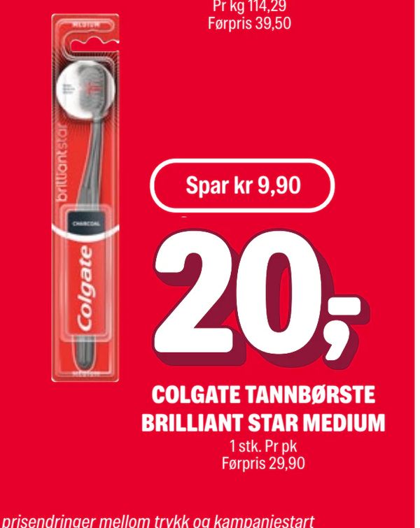 COLGATE TANNBØRSTE BRILLIANT STAR MEDIUM Spar kr 9,90 1 stk. Pr pk Førpris 29,90
