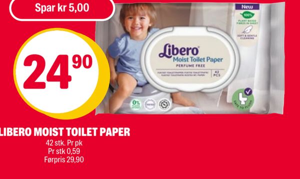 LIBERO MOIST TOILET PAPER Spar kr 5,00 24,90 42 stk. Pr pk Pr stk 0,59 Førpris 29,90