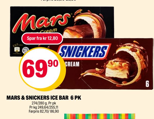 MARS & SNICKERS ICE BAR 6 PK 274/280 g. Pr pk Pr kg 249,64/255,11 Førpris 82,70/ 86,90 Spar fra kr 12,80