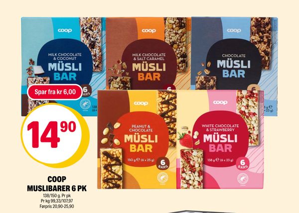 COOP MUSLIBARER 6 PK 138/150 g. Pr pk Pr kg 99,33/107,97 Førpris 20,90-25,90 Spar fra kr 6,00