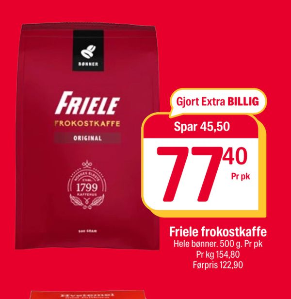 Friele frokostkaffe Hele bønner. 500 g. Pr pk Pr kg 154,80 Førpris 122,90 Gjort Extra BILLIG Spar 45,50