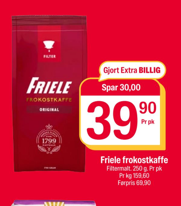 Friele frokostkaffe Filtermalt. 250 g. Pr pk Pr kg 159,60 Førpris 69,90 Gjort Extra BILLIG Spar 30,00