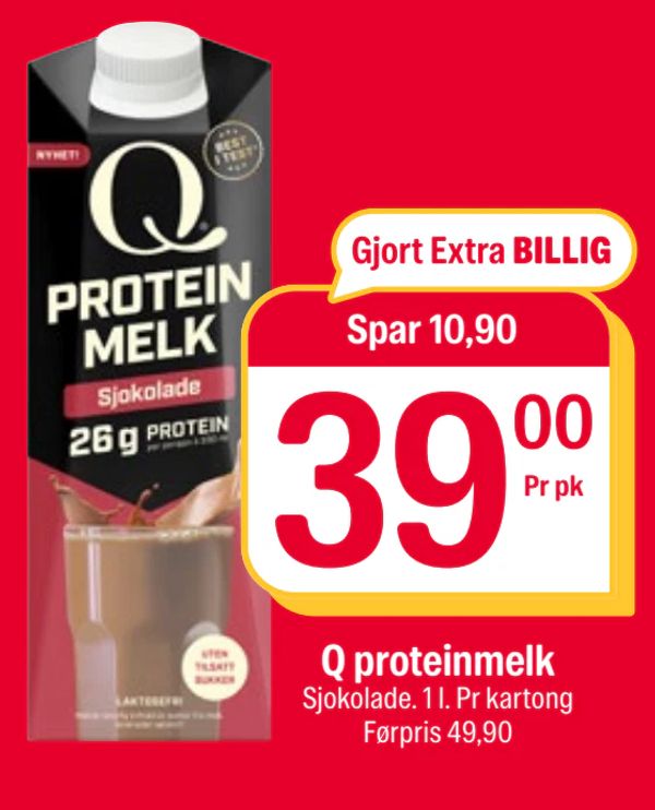 Q proteinmelk Sjokolade. 1 l. Pr kartong Førpris 49,90 Spar 10,90 Gjort Extra BILLIG