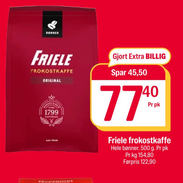 Friele frokostkaffe Hele bønner. 500 g. Pr pk Pr kg 154,80 Førpris 122,90 Spar 45,50 Gjort Extra BILLIG