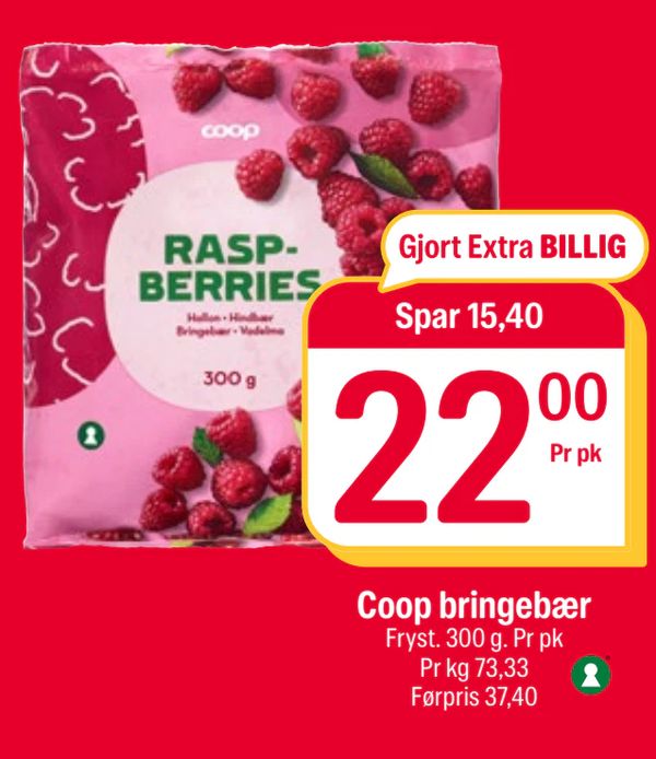 Coop bringebær Gjort Extra BILLIG Spar 15,40 22,00 Pr pk Fryst. 300 g. Pr pk Pr kg 73,33 Førpris 37,40