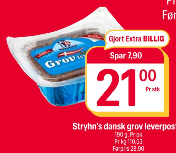 Stryhn’s dansk grov leverpostei 190 g. Pr pk Pr kg 110,53 Førpris 28,90