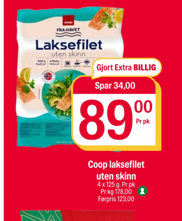 Coop laksefilet uten skinn Gjort Extra BILLIG Spar 34,00 89,00 Pr pk 4 x 125 g. Pr pk Pr kg 178,00 Førpris 123,00