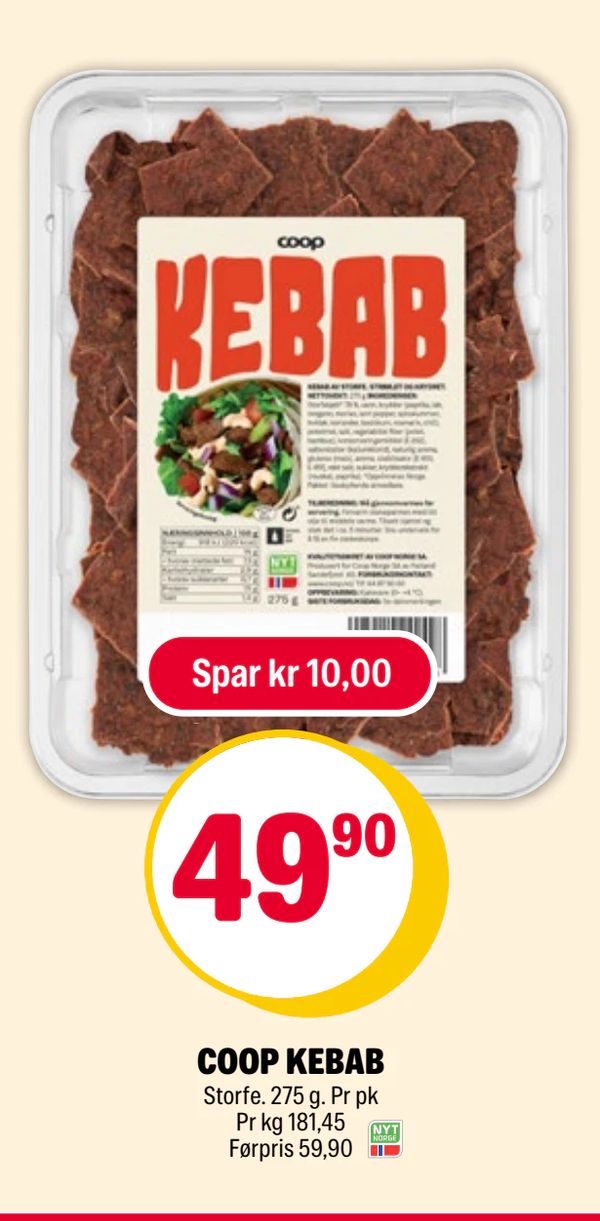 COOP KEBAB Spar kr 10,00 Storfe. 275 g. Pr pk Pr kg 181,45 Førpris 59,90