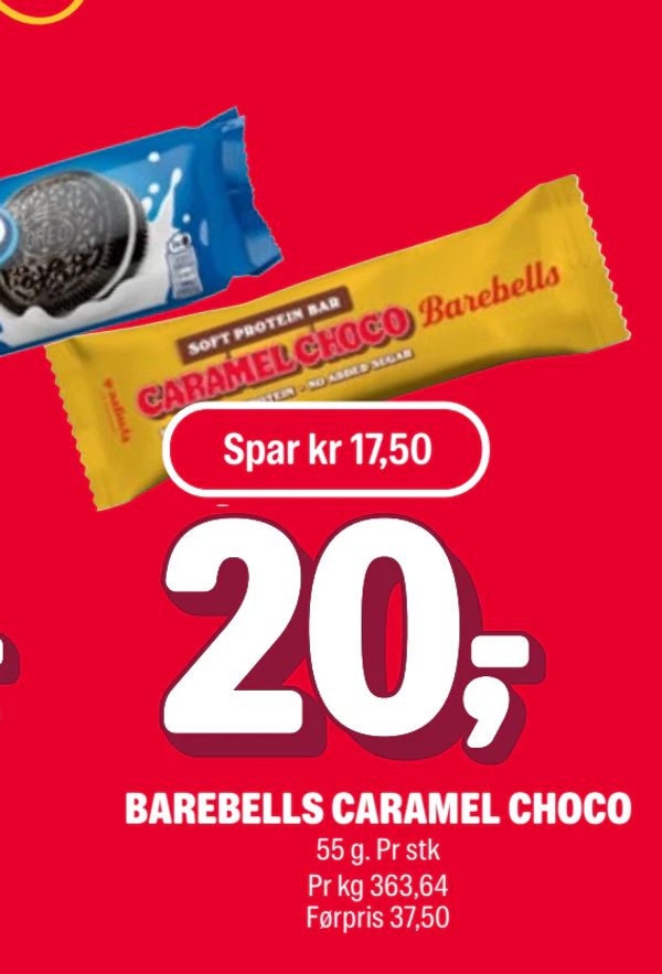 BAREBELLS CARAMEL CHOCO 55 g. Pr stk Pr kg 363,64 Førpris 37,50 Spar kr 17,50 20;
