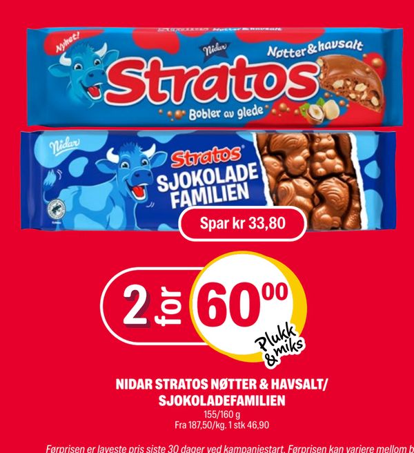 NIDAR STRATOS NØTTER & HAVSALT/ SJOKOLADEFAMILIEN 155/160 g Fra 187,50/kg. 1 stk 46,90 Spar kr 33,80 Plukk & miks
