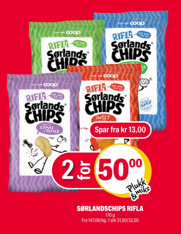 SØRLANDSCHIPS RIFLA 170 g Fra 147,06/kg. 1 stk 31,50/32,50 Spar fra kr 13,00 Plukk & miks