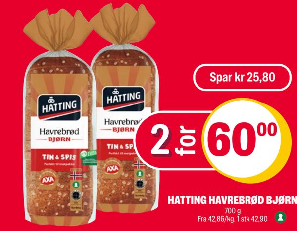 HATTING HAVREBRØD BJØRN 700 g Fra 42,86/kg. 1 stk 42,90