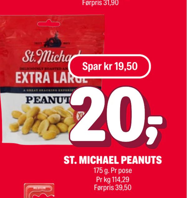 ST. MICHAEL PEANUTS 175 g. Pr pose Pr kg 114,29 Førpris 39,50 Spar kr 19,50