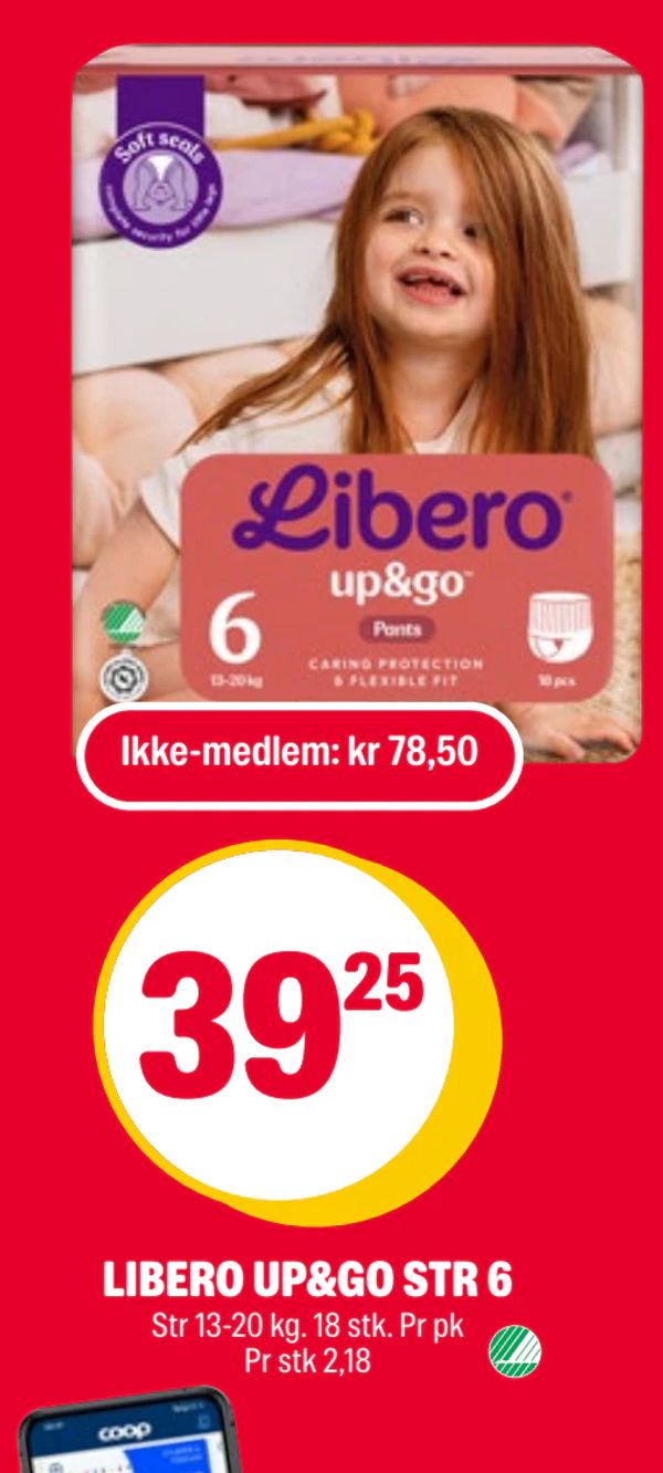 LIBERO UP&GO STR 6 Str 13-20 kg. 18 stk. Pr pk Pr stk 2,18 Ikke-medlem: kr 78,50