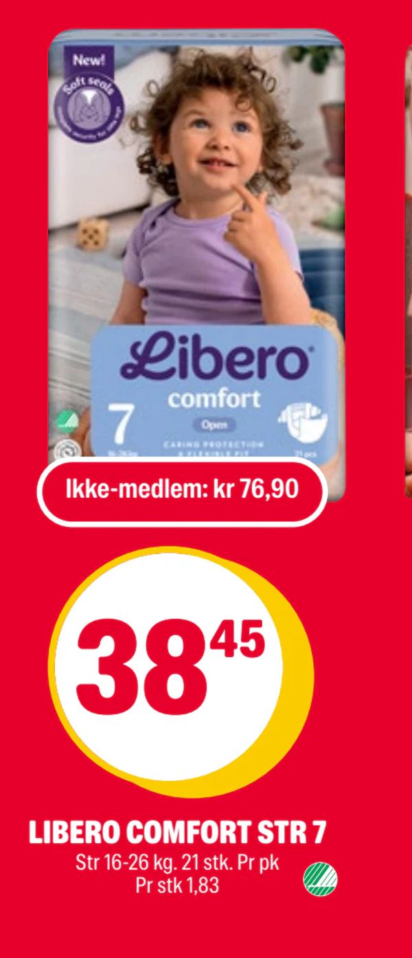 LIBERO COMFORT STR 7 New! Str 16-26 kg. 21 stk. Pr pk Pr stk 1,83 Ikke-medlem: kr 76,90