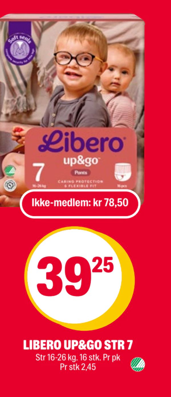 LIBERO UP&GO STR 7 Str 16-26 kg. 16 stk. Pr pk Pr stk 2,45 Ikke-medlem: kr 78,50