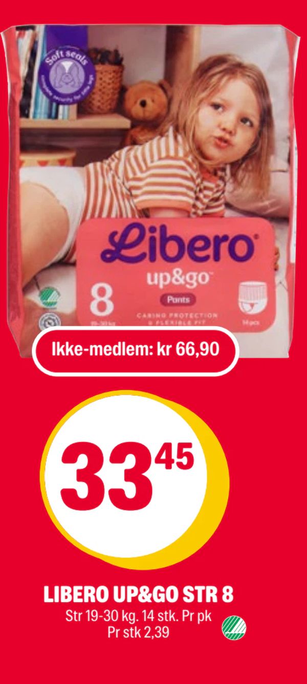 LIBERO UP&GO STR 8 Str 19-30 kg. 14 stk. Pr pk Pr stk 2,39 Ikke-medlem: kr 66,90