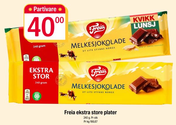 Freia ekstra store plater 240 g. Pr stk Pr kg 166,67 Partivare 240 gram